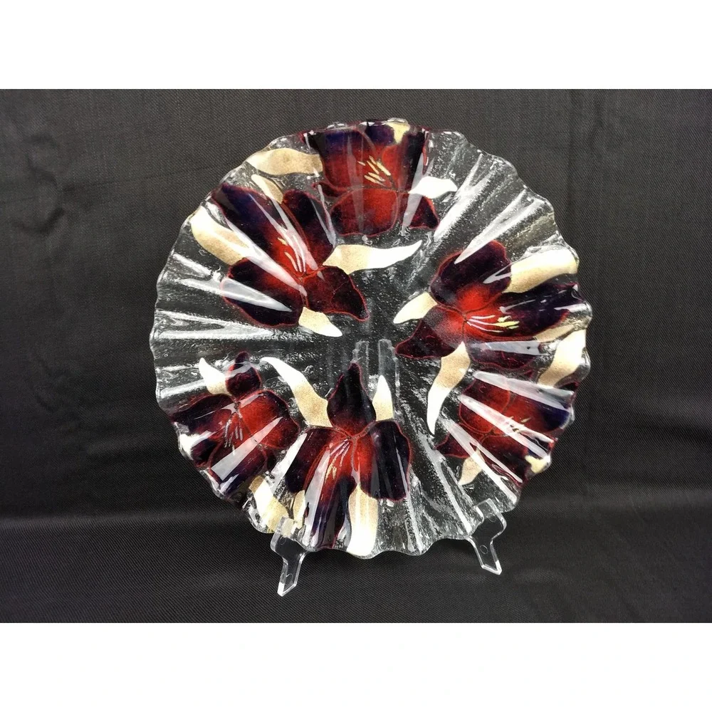 Sydenstricker Art Glass Ruffled Plate Elephant Ear Orchid Purple Red Wavy Signed